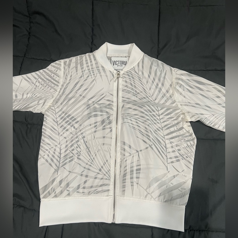 Victoria Sport Mesh Zip-Up Jacket White Palm Leaf Print Lightweight Size S